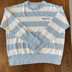 Vineyard Vines Quiet Luxury Blue and White striped Sweater with cursive logo Sm